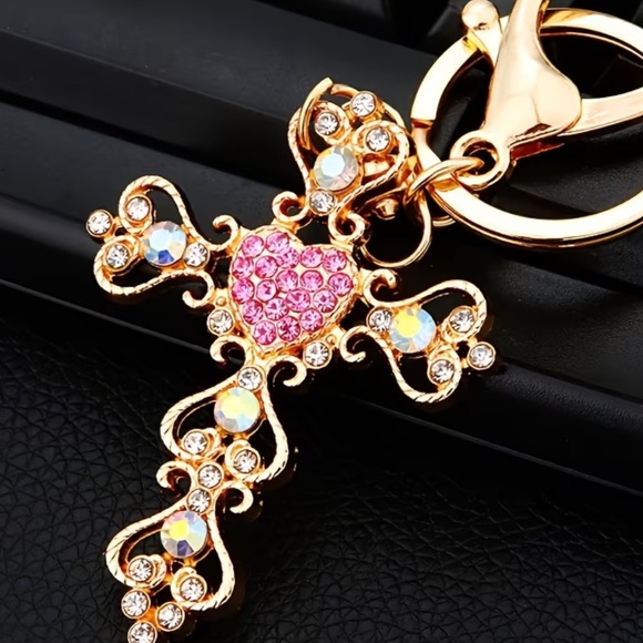 Jewelry - New Rhinestone Gold and Pink Heart Cross Keychain